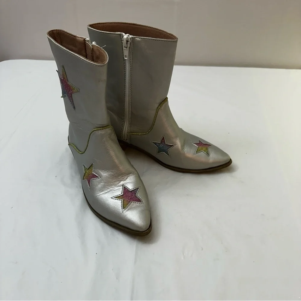 Lola + The Boys Kids Silver Metallic Rainbow Glitter Star Cowboy Boots‎ Size 31